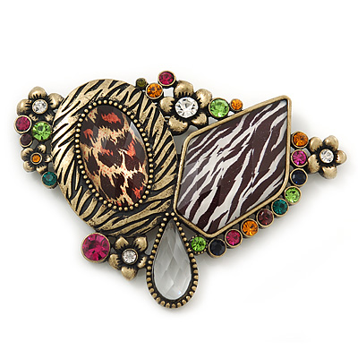 Oversized Animal Print, Multicolured Austrian Crystal Geometric Brooch/ Pendant In Antique Gold Tone - 90mm Across - main view