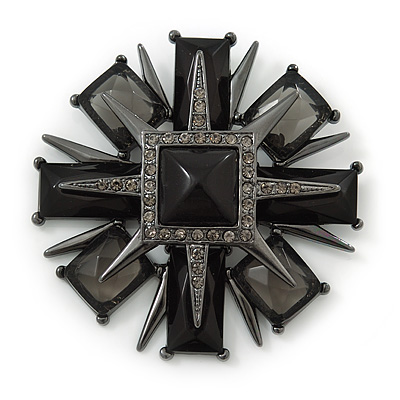 Victorian Style Black Resin Stone Layered Cross Brooch In Gun Metal - 75mm Across - main view