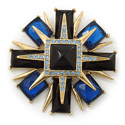 Victorian Style Black/ Blue Resin Stone Layered Cross Brooch In Gold Tone Metal - 75mm Across - main view