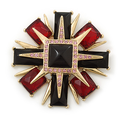 Victorian Style Black/ Red Resin Stone Layered Cross Brooch In Gold Tone Metal - 75mm Across - main view