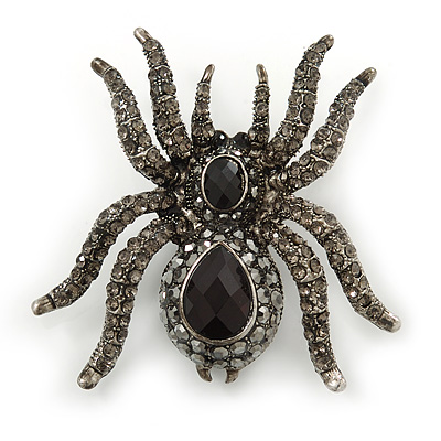 Large Black, Grey Crystal Spider Brooch In Black Tone Metal - 58mm Width - main view