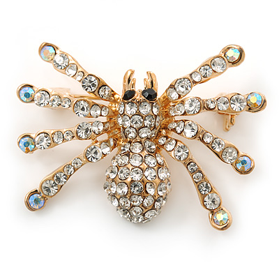 Clear, AB Crystal Spider Brooch In Gold Plating - 37mm Width - main view