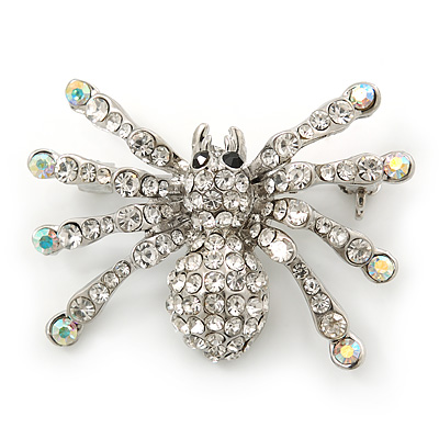 Clear, AB Crystal Spider Brooch In Rhodium Plating - 37mm Width - main view