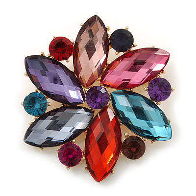 Multicoloured Glass Bead Flower Brooch In Gold Plating - 55mm Diameter - main view