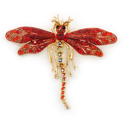 Red/ Burgundy Crystal Dragonfly Brooch In Gold Tone Metal - 70mm Across