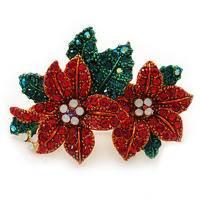 Christmas Red/ Green Swarovski Crystal Poinsettia Holiday Brooch In Gold Plating - 45mm Length - main view