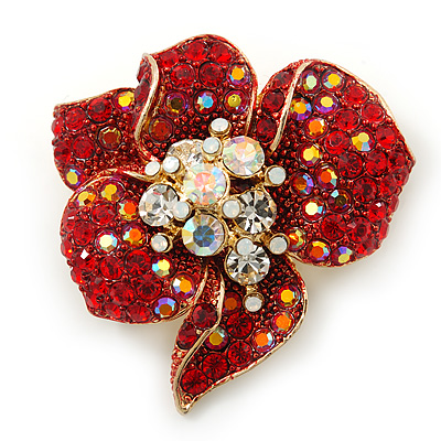 Red, AB, Clear Austrian Crystal Poppy Flower Brooch/ Pendant In Gold Plated Metal - 35mm - main view