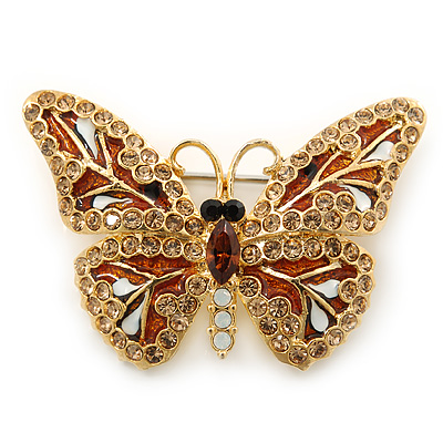 Small Brown, Champagne, Milky White  Austrian Crystal Butterfly Brooch In Gold Plating - 35mm Length - main view