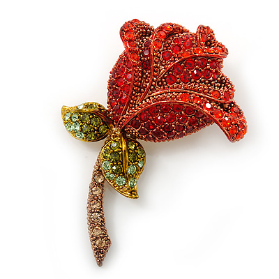 Red, Green Swarovski Crystal 'Rose' Brooch In Gold Tone - 55mm Length - main view