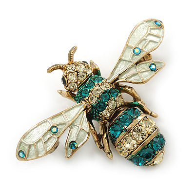 Classic Teal/ Clear Austrian Crystal Bee Brooch/ Pendant In Gold Plating - 45mm Width - main view