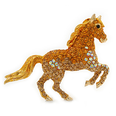 Orange Gold/ Citrine Pave Set Austrian Crystal 'Horse' Brooch In Gold Plating - 65mm Across
