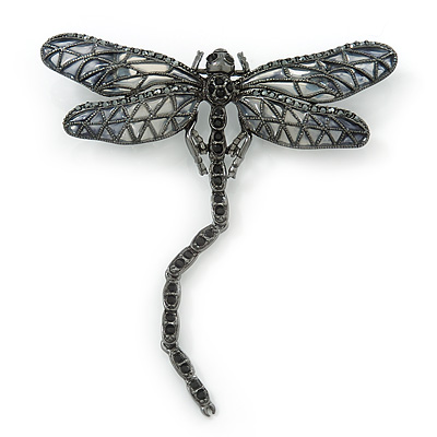 Black, Grey Austrian Crystal Dragonfly Brooch With Moving Tail In Black Tone Metal - 80mm Length - main view