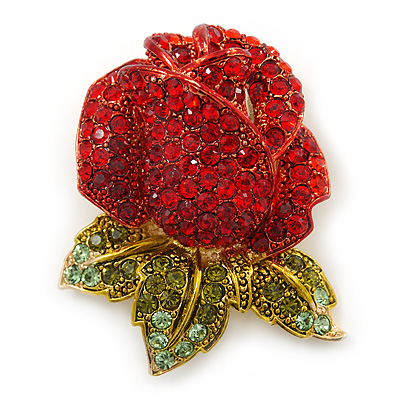 Burgundy Red, Green Swarovski Crystal 3D Rose Brooch/ Pendant In Gold Plating - 45mm Across - main view