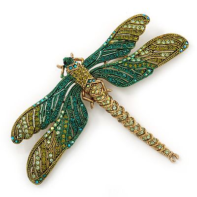 Large Green, Olive Austrian Crystal Dragonfly Brooch/ Pendant With Moving Tail In Antique Gold Metal - 90mm Width - main view