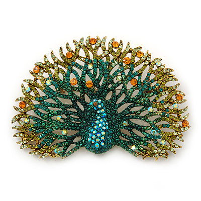 Large Multicoloured Austrian Crystal 'Peacock' Brooch/ Pendant In Antique Gold Metal - 80mm Width - main view
