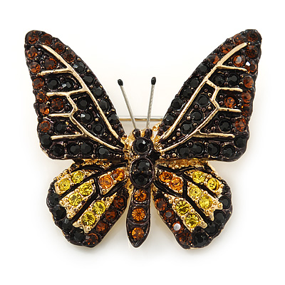 Small Brown, Black, Lemon Yellow, Orange Austrian Crystal 'Monarch' Butterfly Brooch In Gold Plating - 30mm Length - main view