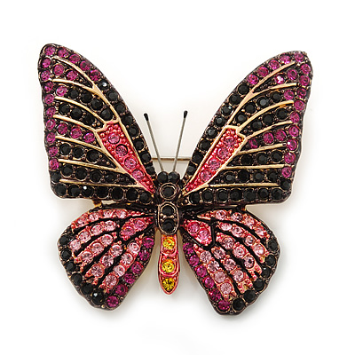Fuchsia, Pink, Black, Orange Austrian Crystal Butterfly Brooch In Gold Plating - 50mm Length - main view
