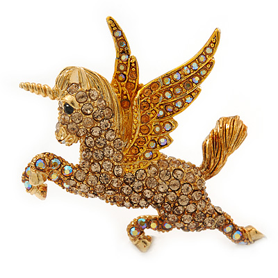 Stunning Austrian Crystal 'Unicorn' Brooch In Antique Gold Tone (AB, Orange, Light Topaz Colours) - 50mm Length - main view