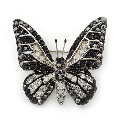 Small Black, Hematite, Clear Austrian Crystal Butterfly Brooch In Rhodium Plating - 30mm Length - main view