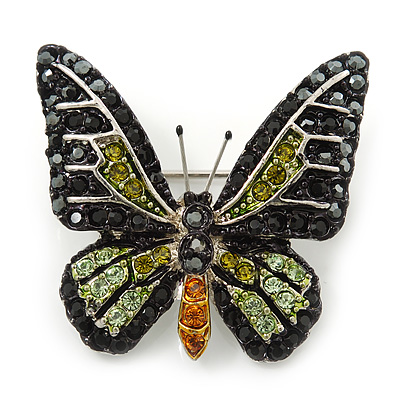 Small Black, Green,Olive, Orange Austrian Crystal Butterfly Brooch In Silver Tone - 30mm Length - main view
