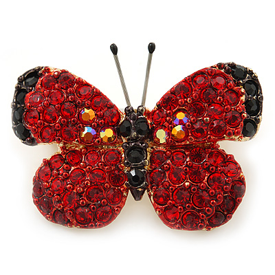 Tiny Red Swarovski Crystal Butterfly Brooch In Gold Plating - 25mm Across - main view