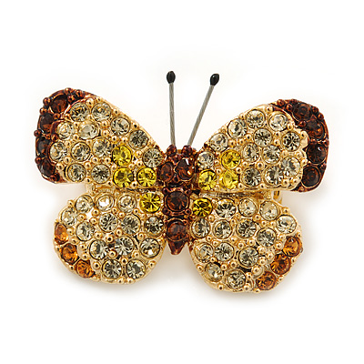 Tiny Clear, Orange, Brown, Lemon Yellow Pave Set Swarovski Crystal Butterfly Pin In Gold Tone - 25mm Across - main view