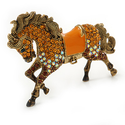 Topaz Coloured Swarovski Crystal Horse Brooch In Antique Gold Tone - 70mm Across - main view
