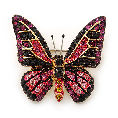 Small Black, Fuchsia, Pink, Orange Austrian Crystal Butterfly Brooch In Gold Plating - 30mm Length - main view