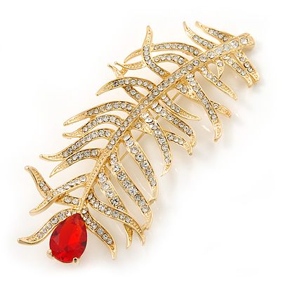 Large Exotic Clear Crystal, Red Cz 'Feather' Brooch In Gold Plating - 95mm Length