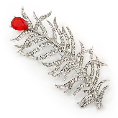 Large Exotic Clear Crystal, Red Cz 'Feather' Brooch In Rhodium Plating - 95mm Length - main view