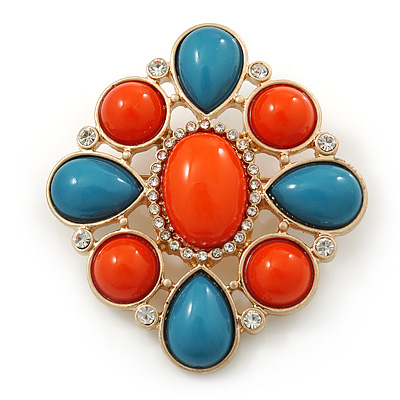 Coral/ Turquoise Coloured Acrylic Stone Corsage Brooch In Gold Plating - 55mm Across - main view