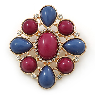 Cobalt Blue/ Violet Acrylic Stone Corsage Brooch In Gold Plating - 55mm Across - main view