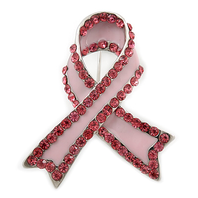 Pink Enamel Crystal Breast Cancer Awareness Ribbon Lapel Pin In Rhodium Plating - 40mm Length