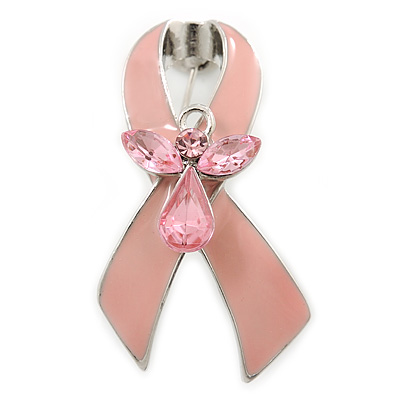 Baby Pink Enamel Crystal Angel Breast Cancer Awareness Ribbon Pin In Rhodium Plating - 42mm Length - main view