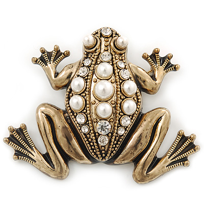 Vintage Inspired Glass Pearl, Crystal Frog Brooch In Antique Gold Tone - 65mm Width