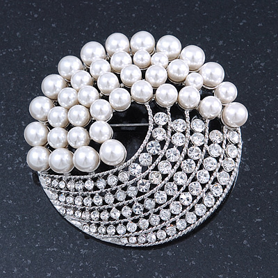 Large Bridal Glass Pearl, Crystal Dome Shape Corsage Brooch In Rhodium Plating - 60mm Diameter - main view