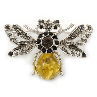 Art Deco Bumble-Bee Dim Grey Crytal Brooch In Silver Tone - 55mm Across