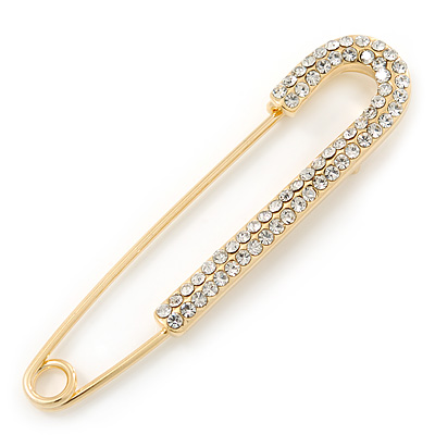 Classic Large Clear Austrian Crystal Safety Pin Brooch In Gold Plating - 75mm Length - main view