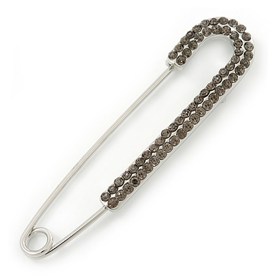 Classic Large Dim Grey Austrian Crystal Safety Pin Brooch In Rhodium Plating - 75mm Length - main view