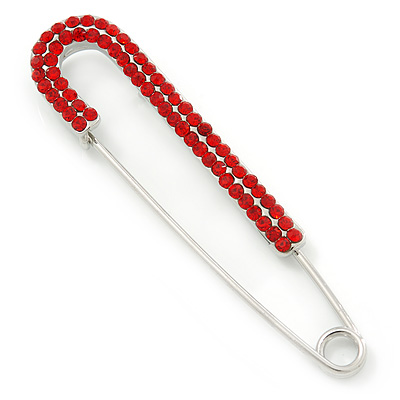 Classic Large Red Austrian Crystal Safety Pin Brooch In Rhodium Plating - 75mm Length - main view