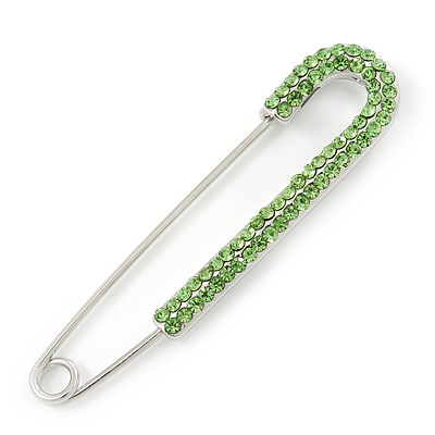 Classic Large Light Green Austrian Crystal Safety Pin Brooch In Rhodium Plating - 75mm Length - main view