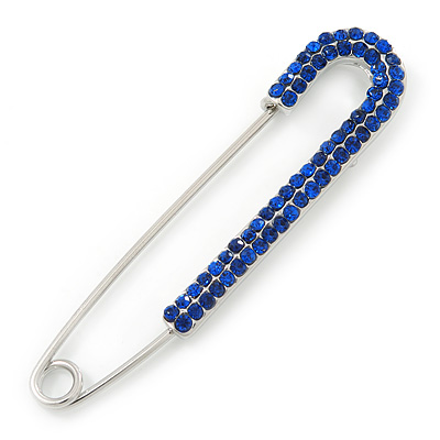 Classic Sapphire Blue Austrian Crystal Safety Pin Brooch In Rhodium Plating - 75mm Length - main view