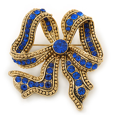 Vintage Inspired Sapphire Blue Crystal Bow Brooch In Antique Gold Metal - 50mm Length