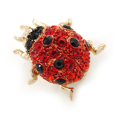 Tiny Red, Black Austrian Crystal Ladybug Brooch In Gold Plating - 20mm Length - main view