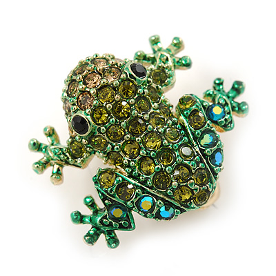 Tiny Olive, Green Austrian Crystal Frog Brooch In Gold Plating - 20mm Width