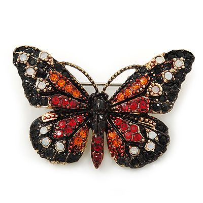 Small Black, Orange, Red, Milky White Austrian Crystal 'Tiger' Butterfly Brooch In Gold Plating - 37mm Width - main view