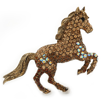 Topaz, Amber, AB Coloured Pave Set Austrian Crystal 'Horse' Brooch/ Pendant In Broze Tone - 65mm Across - main view