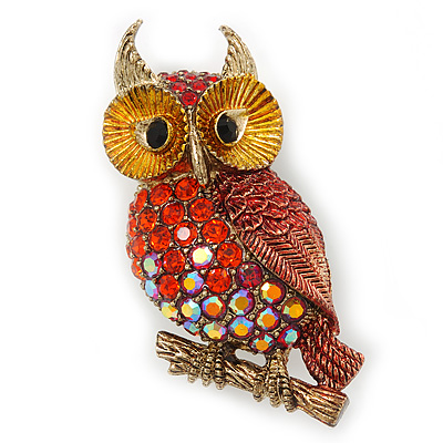 Brick Red, Burgundy, AB Swarovski Crystal Owl Brooch/ Pendant In Gold Plating - 40mm Length - main view