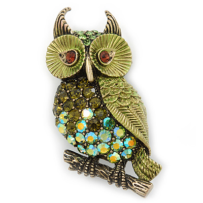 Olive Green, AB Swarovski Crystal Owl Brooch/ Pendant In Gold Plating - 40mm Length - main view