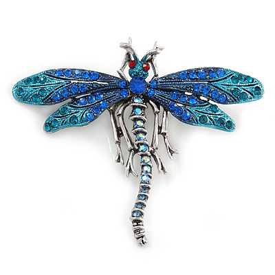 Azure, Teal, Sky, Sapphire Blue Austrian Crystal Dragonfly Brooch In Antique Silver Tone - 70mm Across